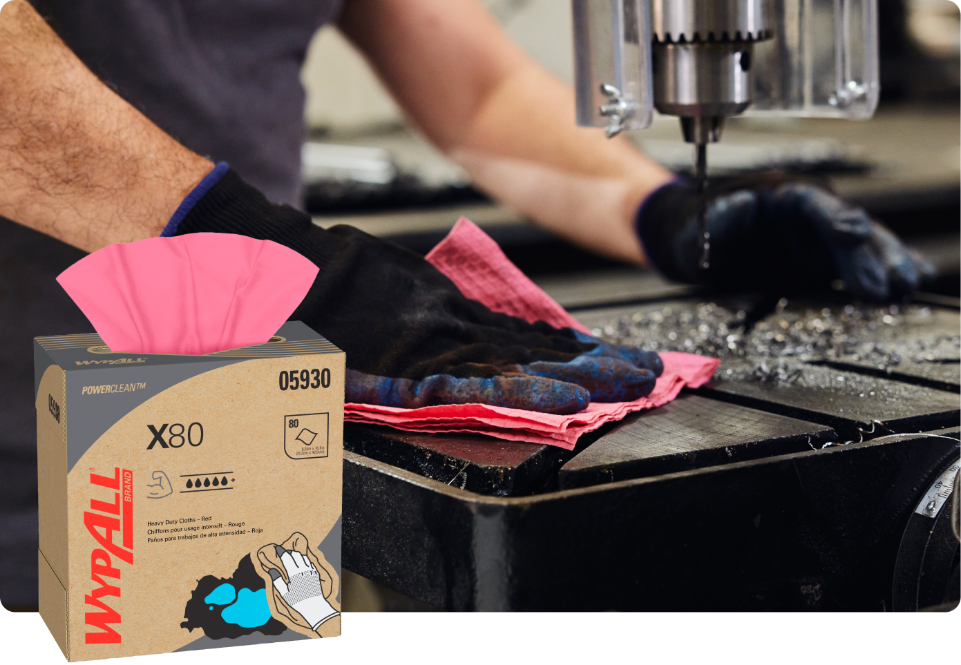 Box of WypAll® X80 Heavy Duty Cloths designed for tough industrial cleaning tasks.