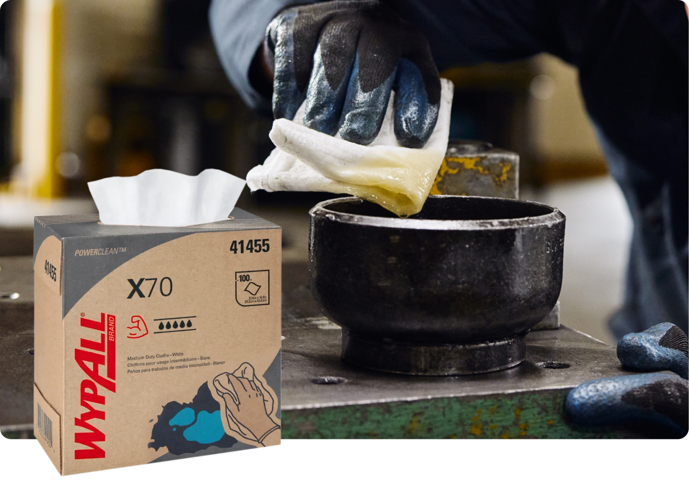 Box of WypAll® X70 Medium Duty Cleaning Cloths for chemical absorption.