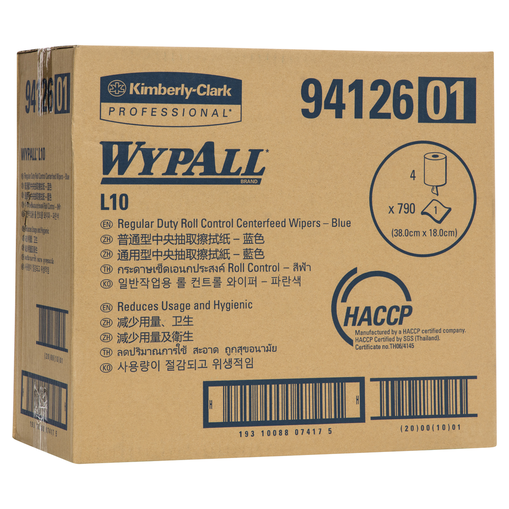 WYPALL® L10 Roll Control Centrefeed Wiper Roll (94126), Single Use Wipers, 4 Rolls / Case, 300m / Roll (1,200m Total) - S050428255