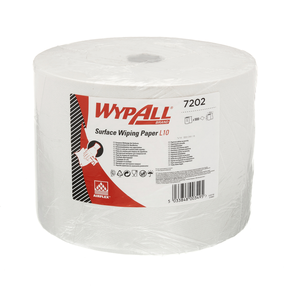 WypAll® Rollo Jumbo de paños de celulosa para limpieza de superficies L10 7202 - 1 rollo x 1000 hojas, 1 capa, blanco - 7202