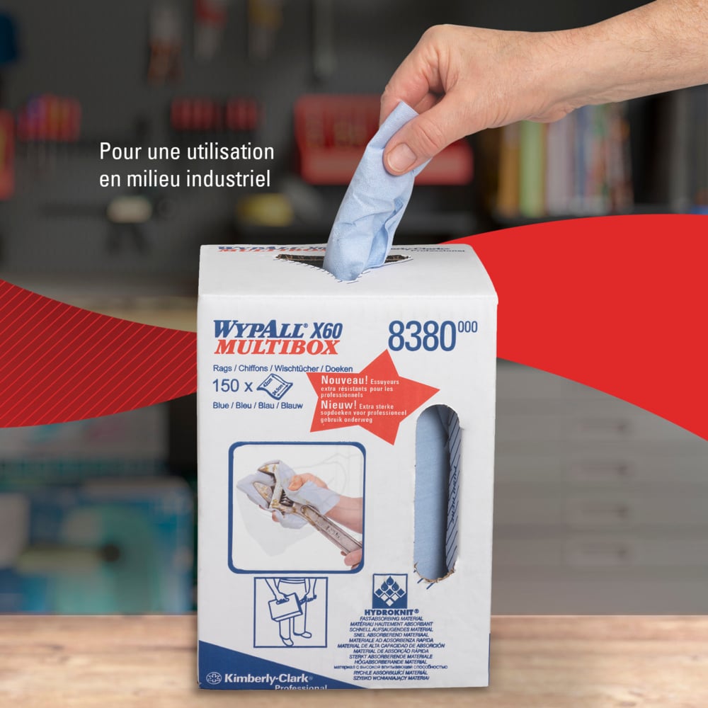 WypAll® X60 Paños 8380: rollo de dispensación central de paños de limpieza azules, 1 rollo de dispensación central x 150 paños industriales azules - 8380