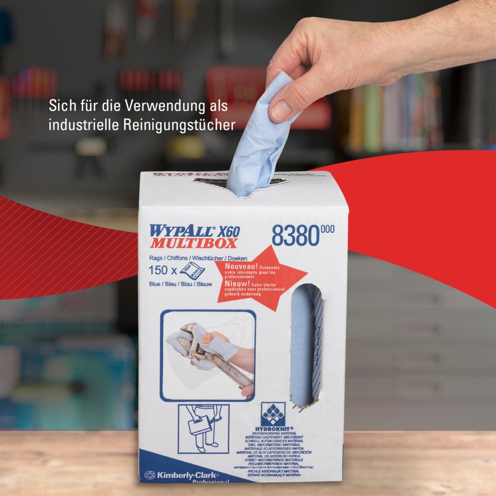 WypAll® X60 Paños 8380: rollo de dispensación central de paños de limpieza azules, 1 rollo de dispensación central x 150 paños industriales azules - 8380