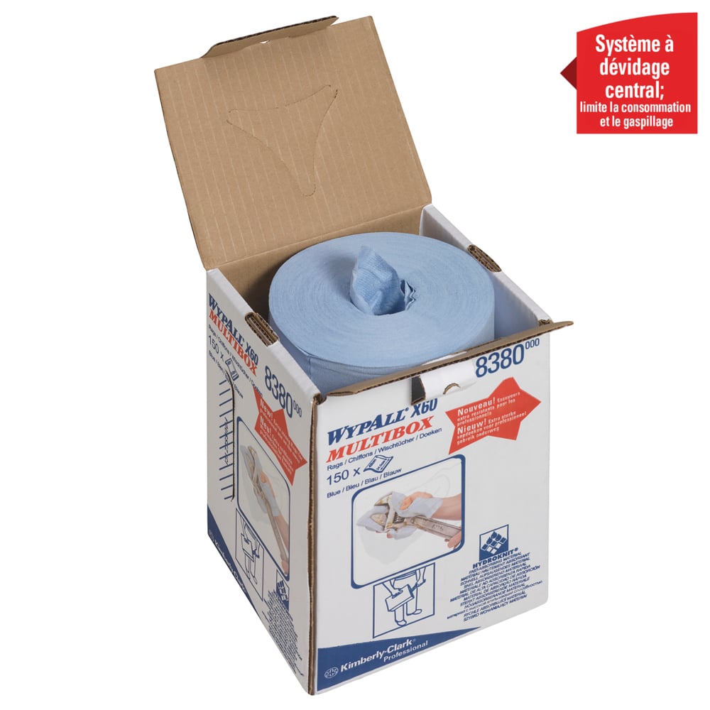 WypAll® X60 Paños 8380: rollo de dispensación central de paños de limpieza azules, 1 rollo de dispensación central x 150 paños industriales azules - 8380