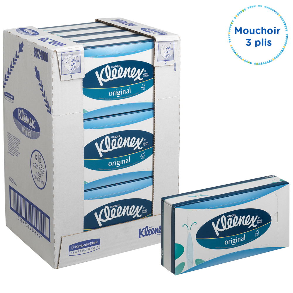 mouchoirs Kleenex® Professional (21270), 2 épaisseurs, blancs, boîtes  cubiques verticales de mouchoirs pour entreprises (90 mouchoirs/boîte, 36  boîtes/caisse, 3 240 mouchoirs/caisse);Cube de mouchoirs professionnel de  Kleenex pour entreprise (21270