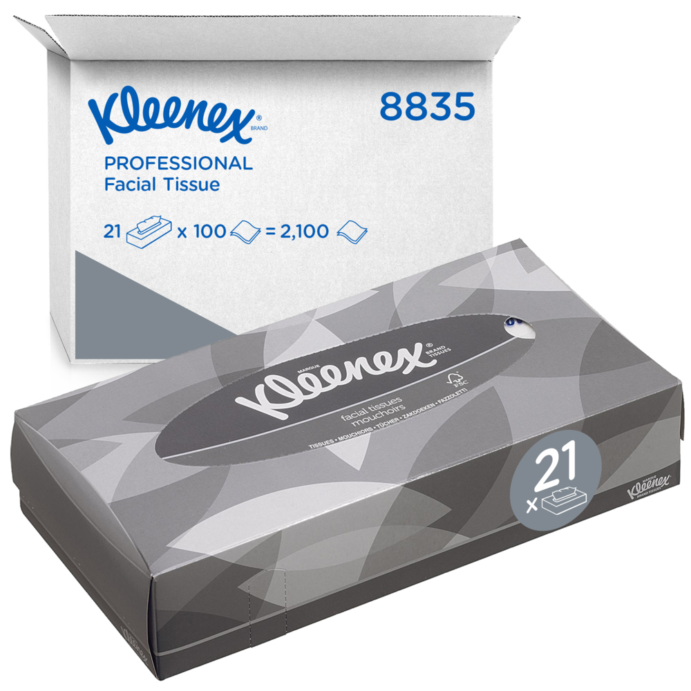 Kleenex® Scatole di veline 8835, 21 scatole da 100 strappi, 2 veli, Morbidi  e resistenti, Inodore, Colore: bianco