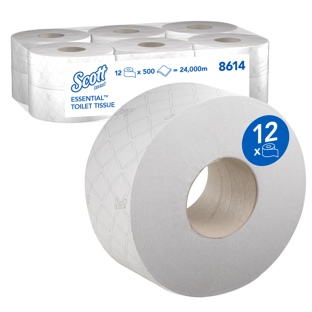 Rouleau de papier toilette Jumbo Scott® Essential™ 8614 - Papier toilette 2  épaisseurs - 12 rouleaux de 500 feuilles blanches de papier toilette (2 400  m)