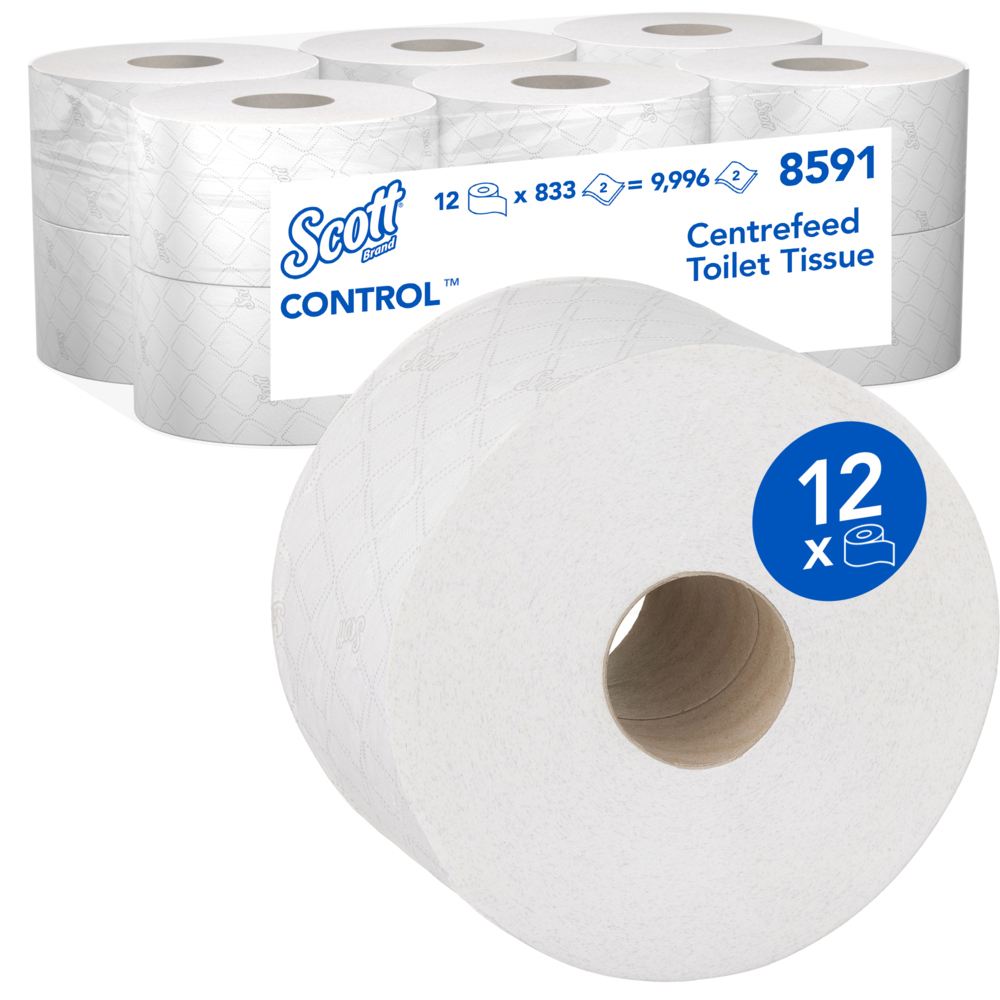 Papel Higiénico Scott® Control™ reciclado con dispensación central 8591 -  Rollo de 2 capas - 12 rollos x 833 hojas de papel de baño (9996 hojas)