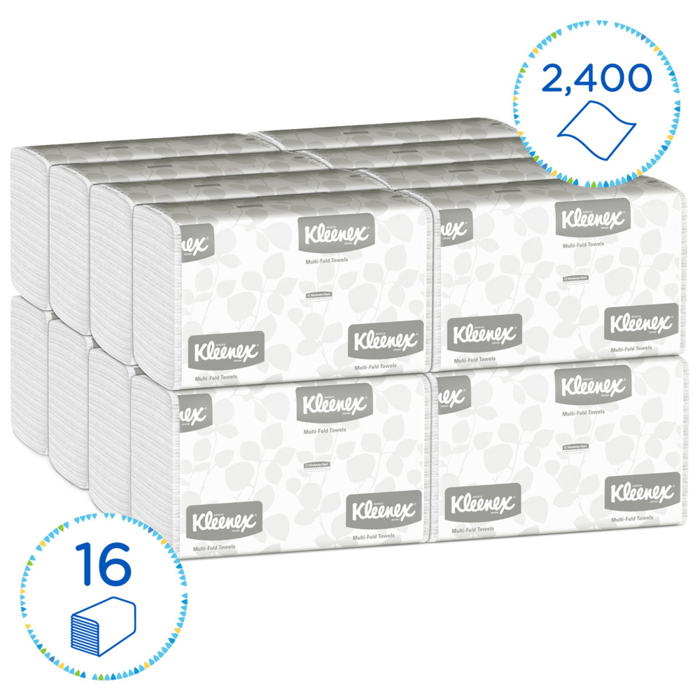 Essuie-mains Kleenex® 1890 - Essuie-mains en papier enchevêtrés - 16 paquets x 150 essuie-mains en papier blancs (2 400 au total) - 1890