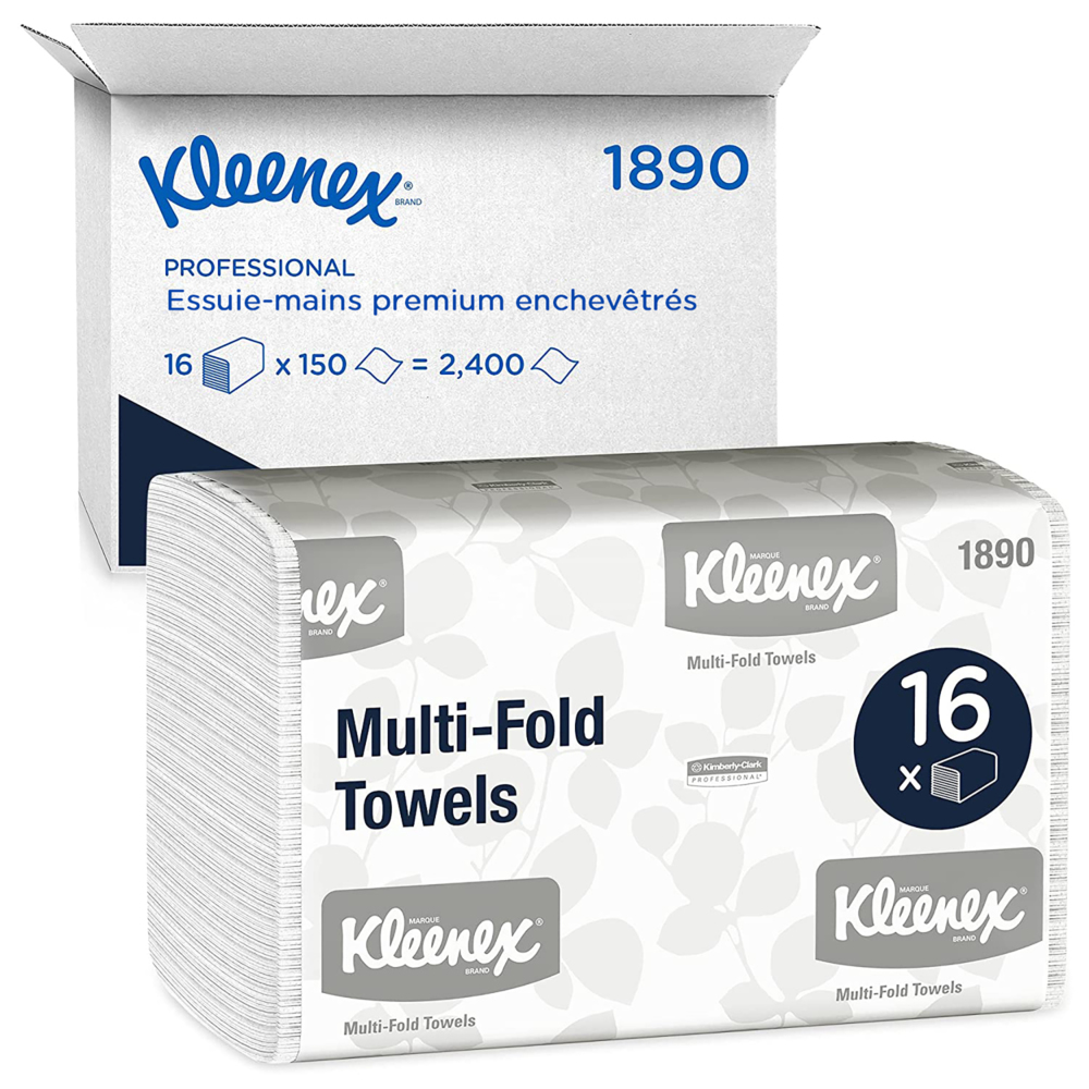 Essuie-mains Kleenex® 1890 - Essuie-mains en papier enchevêtrés - 16 paquets x 150 essuie-mains en papier blancs (2 400 au total) - 1890