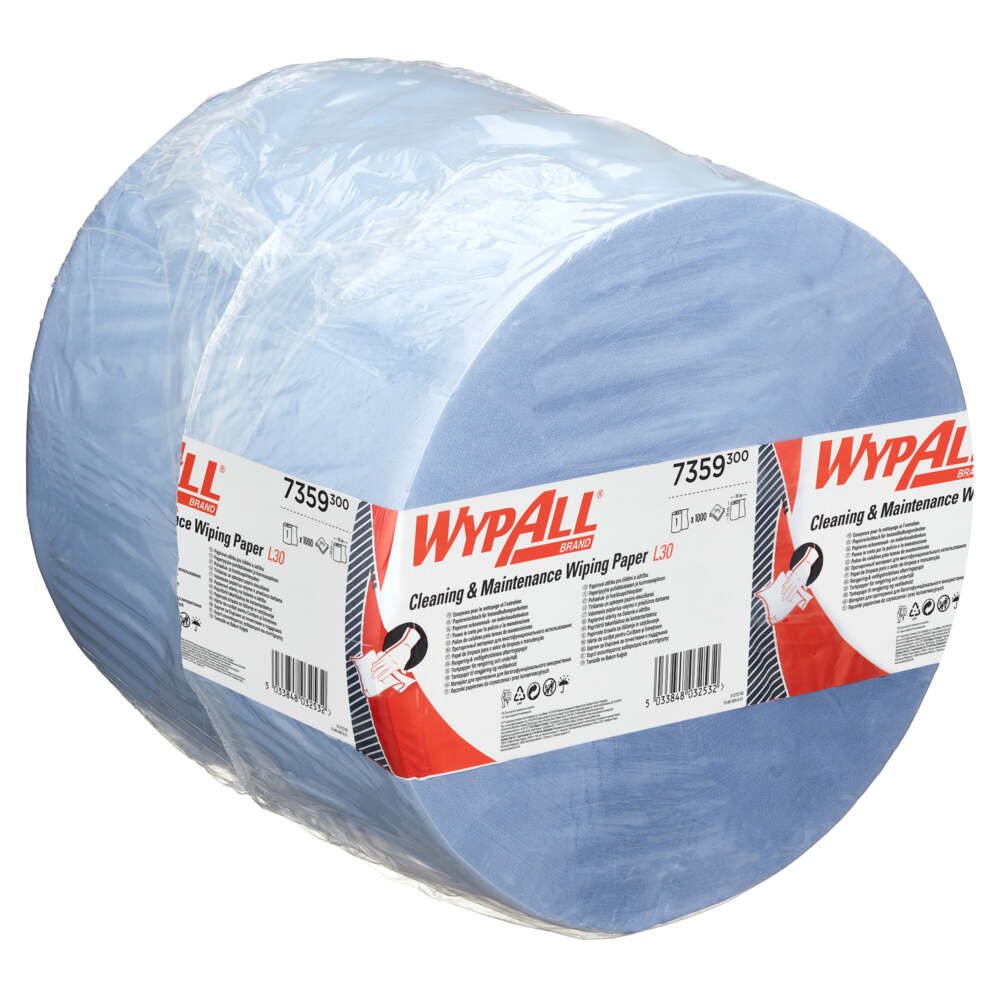 Essuyeur en papier bleu WypAll® L30 7359 pour le nettoyage et l'entretien -  Maxi bobine bleue extra large et longue - 1 bobine bleue x 1 000 essuyeurs  en papier bleu à 3 épaisseurs