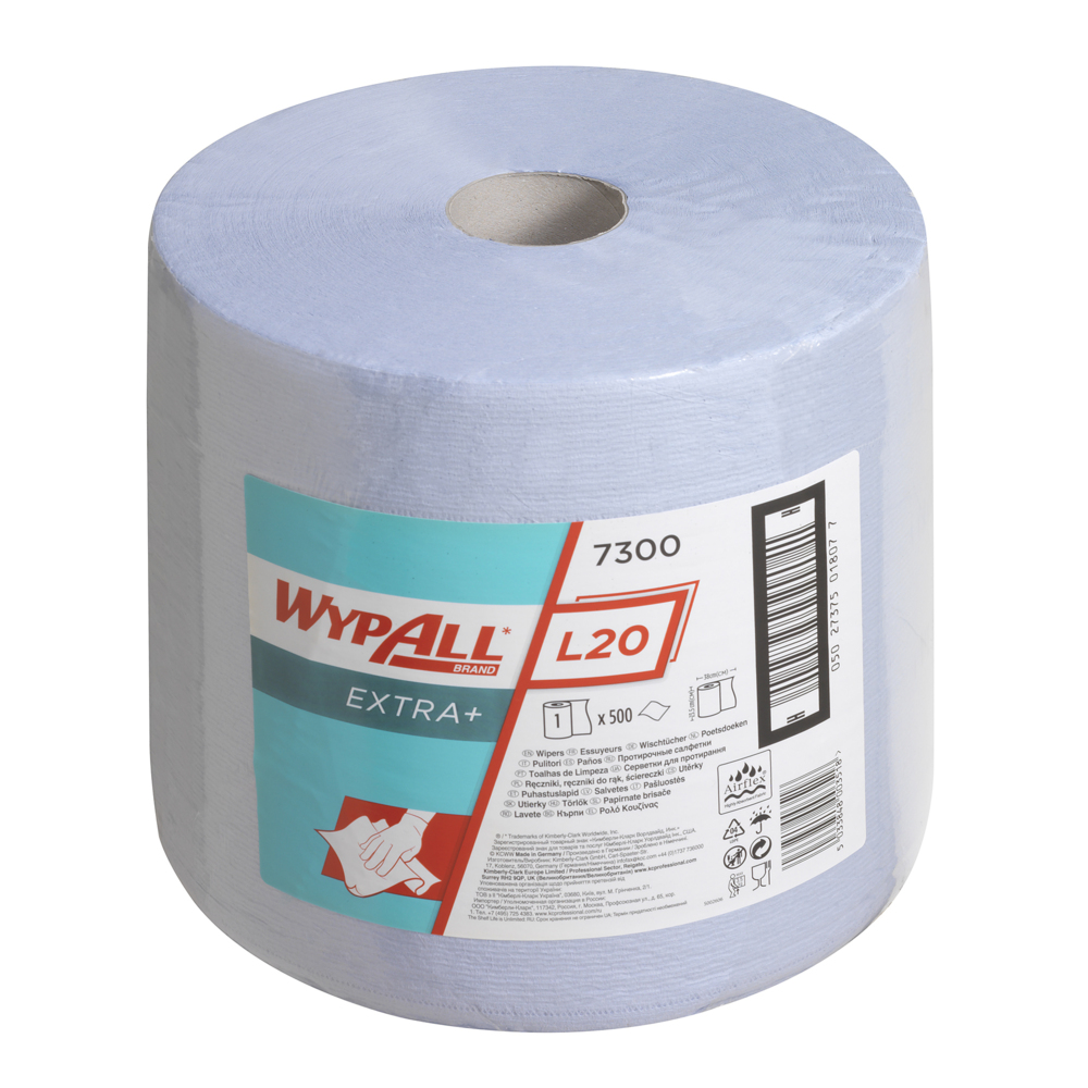 WypAll® L20 Cleaning & Maintenance Wiping Paper (7300), Blue 2-Ply, 1 Roll / Case, 500 Sheets / Roll (500 Sheets) - S050755485