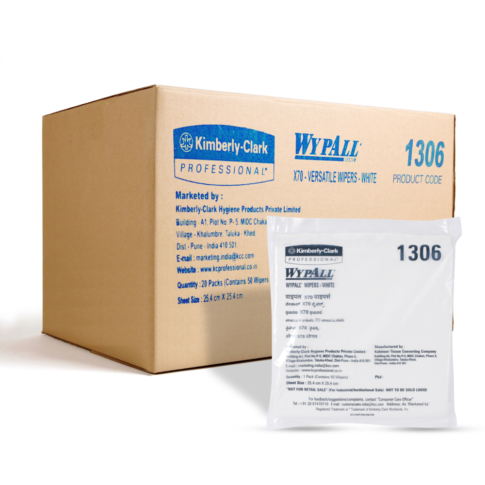 WypAll® X70 Extended Use Wiper (1306), White Flat Sheet, 20 Packs / Case, 50 Wipes / Pack (1,000 Wipes) - S050416943