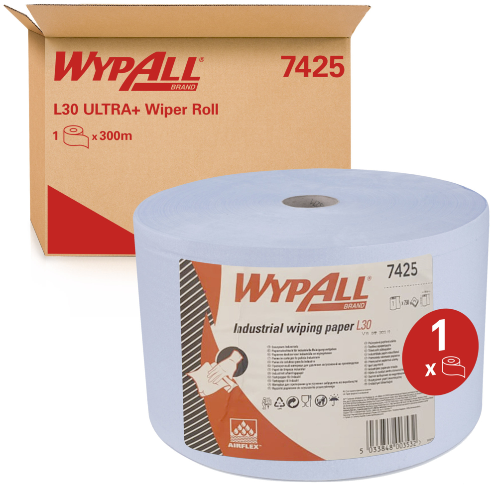 WypAll® L30 ULTRA+ Wiper Roll (7425), Blue, 1 Roll / Case, 750 Sheets / Roll (750 Sheets) - S050064518