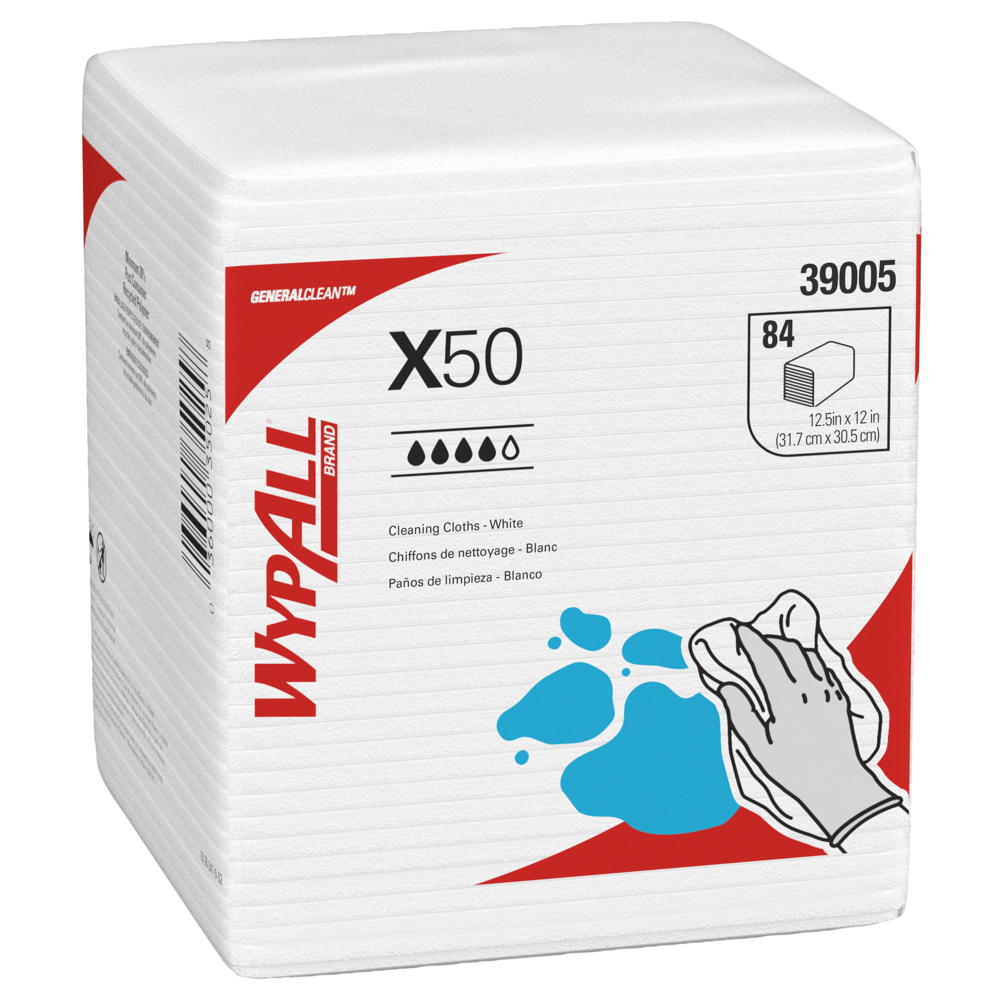 WypAll® GeneralClean™ X50 Cleaning Cloths (39005), Quarterfold, Strong for Extended Use, White (84 Sheets/Box, 12 Boxes/Case, 1,008 Sheets/Case) - 39005