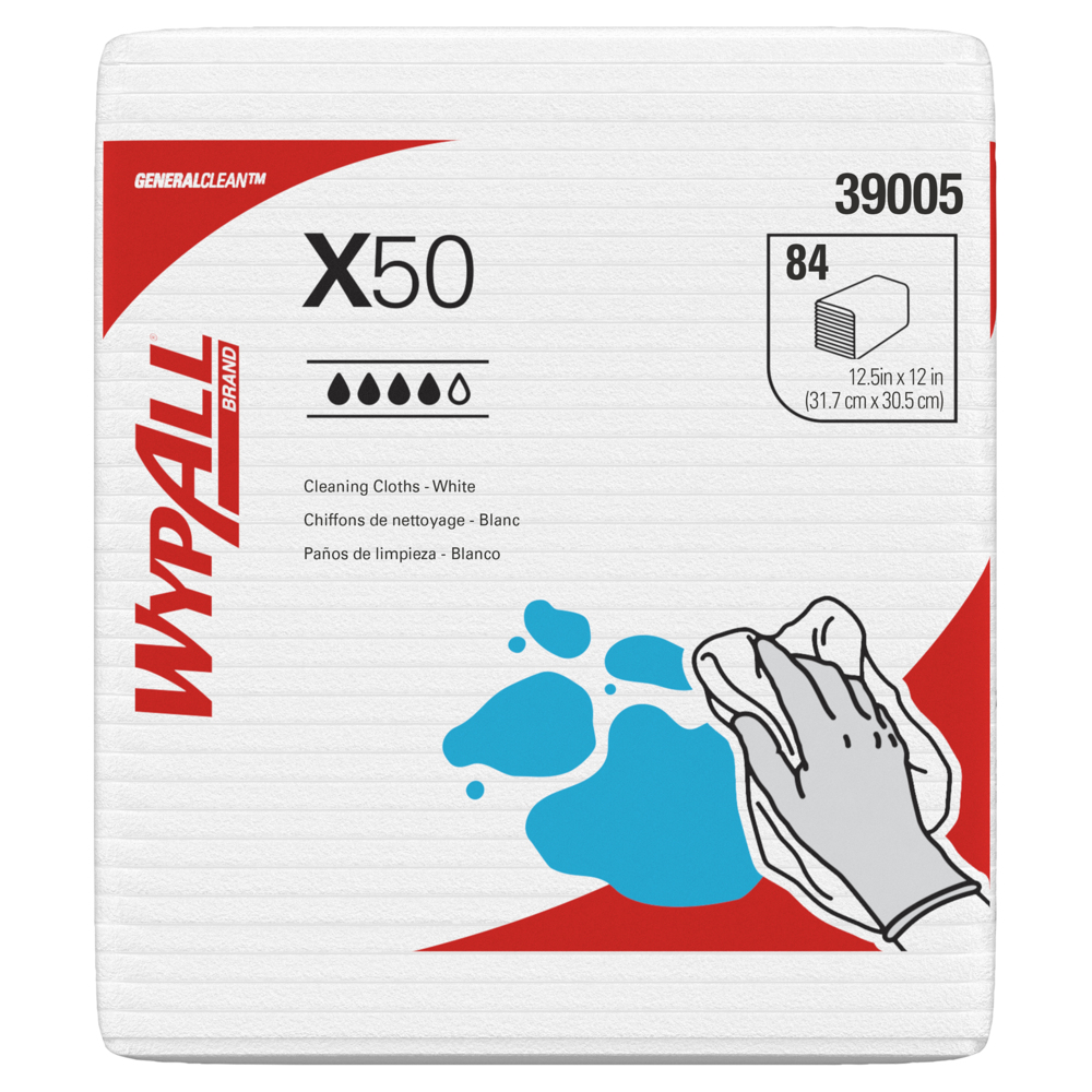 Chiffons de nettoyage WypAll® GeneralClean™ X50 (39005), pliés en quatre, résistants pour une utilisation prolongée, blanc (176 feuilles/boîte, 10 boîtes/caisse, 1 760 feuilles/caisse) - 39005