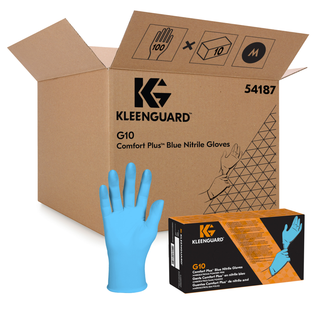KleenGuard® G10 Comfort Plus™ Blue Nitrile Gloves (54187), Disposable Gloves, 10 Boxes / Case, 100 Medium Blue PPE Gloves / Box (1,000 Total) - 54187