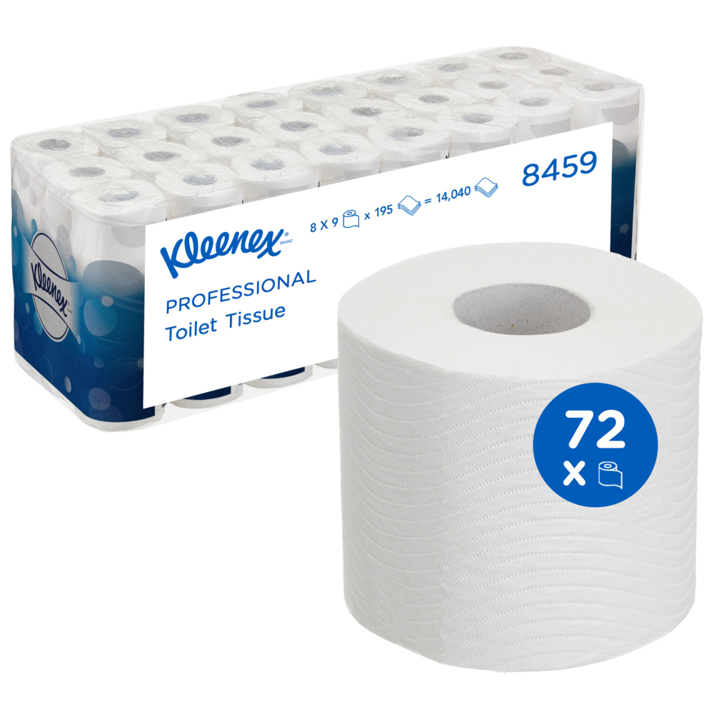 Kleenex® Toilet Tissue Rolls 8459 - 3 Ply Toilet Paper - 8 Packs of 9 Toilet Rolls x 195 White Toilet Tissue Sheets (72 Rolls / 14,040 Sheets Total) - 8459