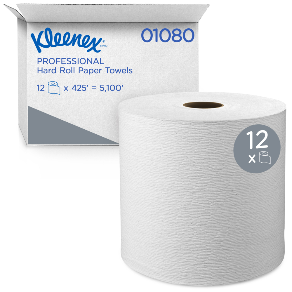 Essuie-tout en rouleau Kleenex® (01080) avec poches d'absorbance de qualité  supérieure, noyau de 1,5 po, blanc, 425 pi/rouleau, 12 rouleaux/caisse, 5  100 pi/caisse