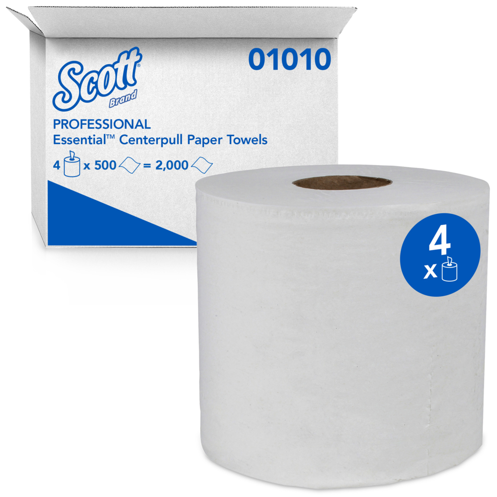 Scott® Essential Center-Pull Roll Towels (01010), White, Perforated Hand Paper  Towels, (4 Rolls/Case, 500 Sheets/Roll, 2,000 Sheets/Case)