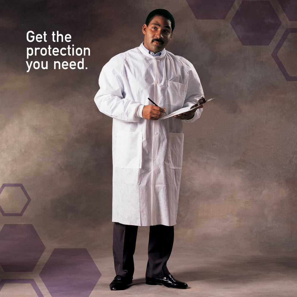 Kimtech™ A8 Certified Lab Coats with Knit Cuffs and Collar (10024), Protective 3-Layer SMS Fabric, Knit Collar & Cuffs, Unisex, White, 2XL, 25 / Case - 10024