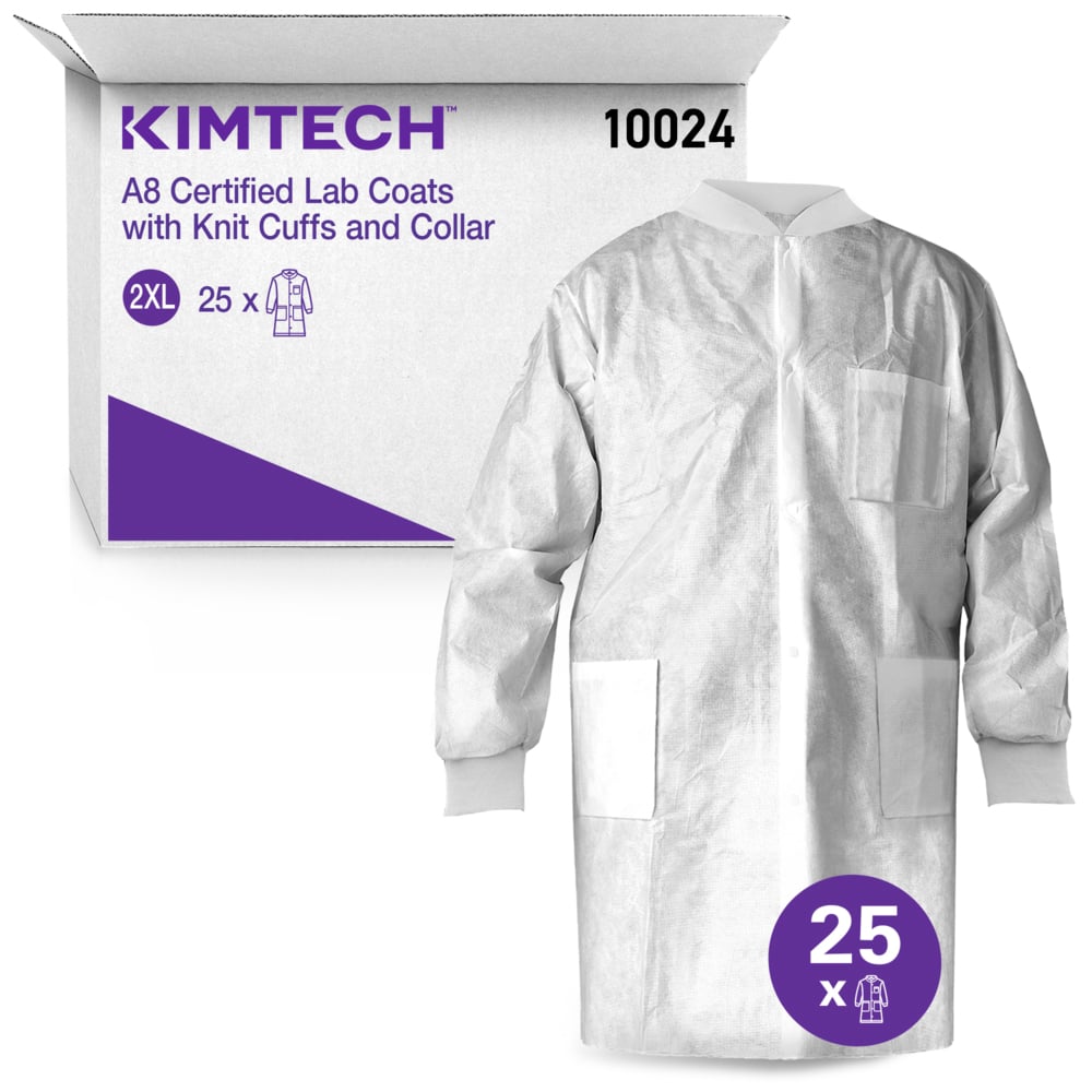 Kimtech™ A8 Certified Lab Coats with Knit Cuffs and Collar (10024), Protective 3-Layer SMS Fabric, Knit Collar & Cuffs, Unisex, White, 2XL, 25 / Case - 10024