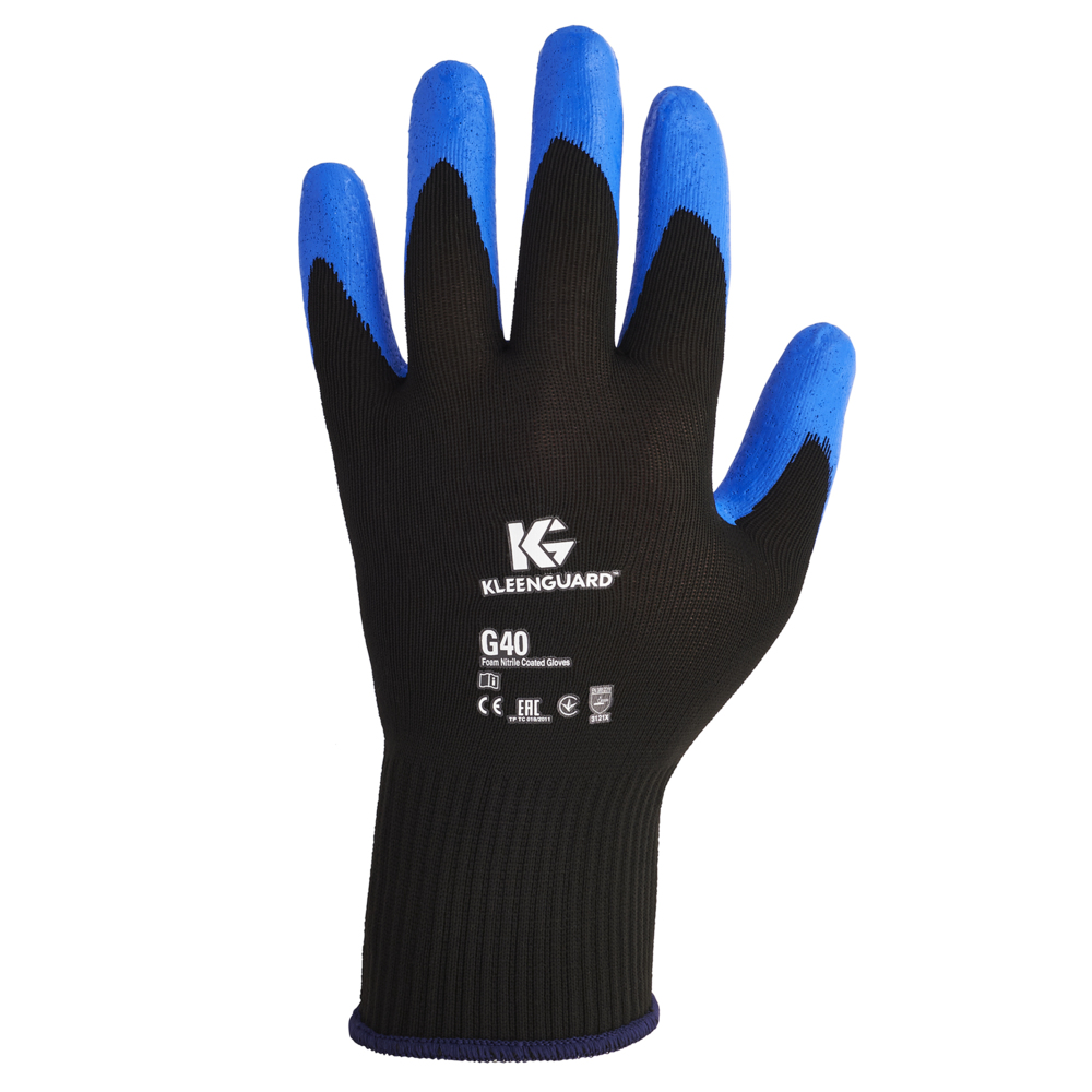 Afectar Reductor Casco KleenGuard™ G40 Foam Nitrile Coated Gloves (40226), Medium, Abrasion  Resistant Black & Blue Nitrile Grip Glove, 12 Pairs / Bag, 5 Bags / Case