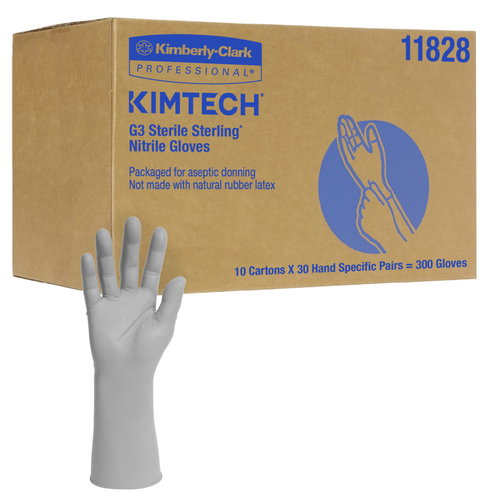 Kimtech™ G3 Sterile Sterling™ Nitrile Gloves (11828), 4 Mil, Cleanrooms, Hand Specific, 12”, Size 10, Gray, 30 pairs/bag, 300 pairs/case - 11828