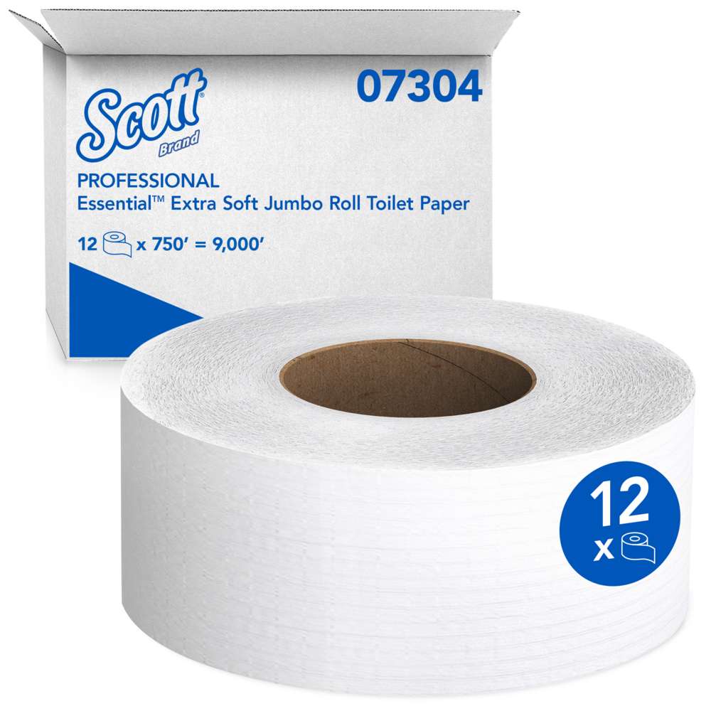 Scott® Essential Extra Soft Jumbo Roll Toilet Paper (07304), 2-Ply, White  (750 '/Roll, 12 Rolls/Case, 9,000'/Case)