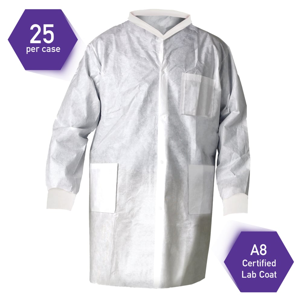 Kimtech™ A8 Certified Lab Coats with Knit Cuffs and Collar (10024), Protective 3-Layer SMS Fabric, Knit Collar & Cuffs, Unisex, White, 2XL, 25 / Case - 10024