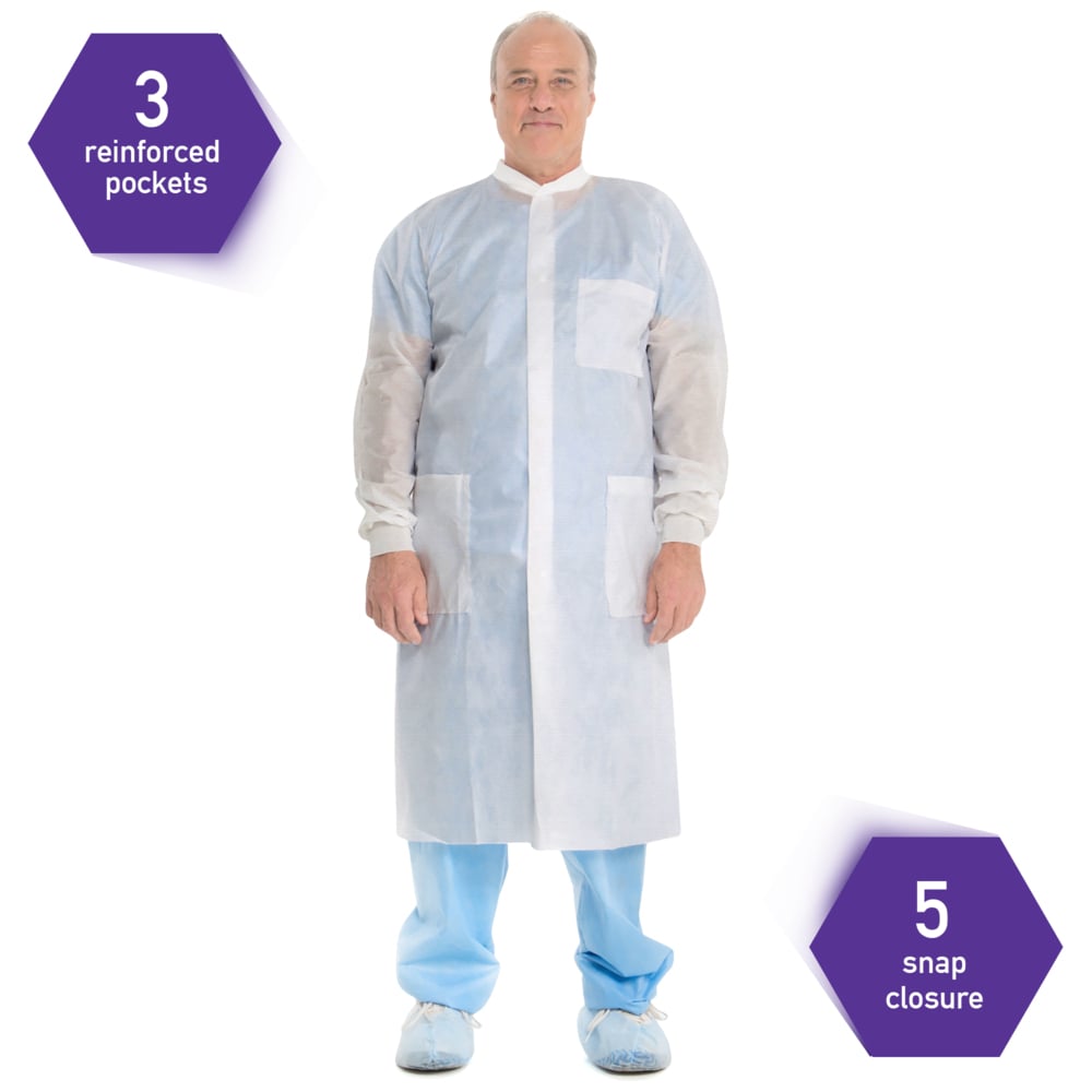 Kimtech™ A8 Certified Lab Coats with Knit Cuffs and Collar (10024), Protective 3-Layer SMS Fabric, Knit Collar & Cuffs, Unisex, White, 2XL, 25 / Case - 10024