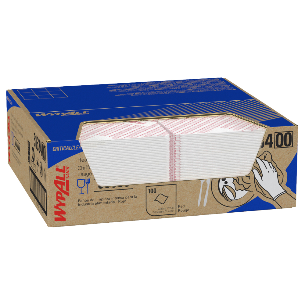 Chiffons très résistants pour le secteur de la restauration WypAll® CriticalClean™ (51634), chiffons pliés en quatre, rouges (100 feuilles/boîte, 1 boîte/caisse, 100 feuilles/caisse) - 51634