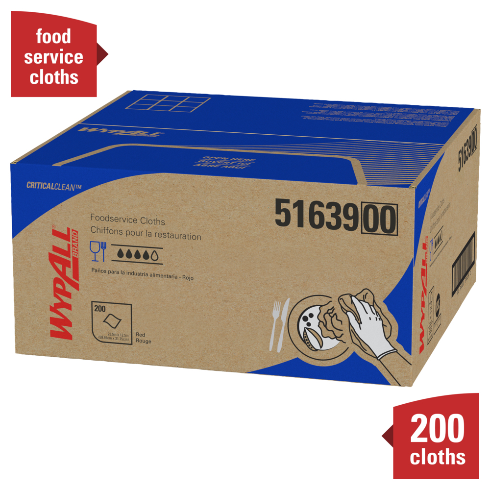 WypAll® CriticalClean™ Heavy Duty Foodservice Cloths (51639), Quarterfold, Red (200 Sheets/Box, 1 Box/Case, 1 Box/Case) - 51639