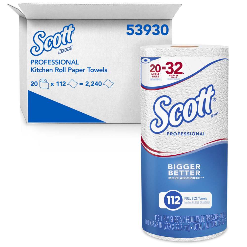 Scott® Professional Kitchen Paper Towels (53930), with Fast-Drying  Absorbency Pockets™, White, Perforated MEGA Paper Towel Rolls, (20 Rolls/Case,  112 Sheets/Roll, 2,240 Sheets/Case)