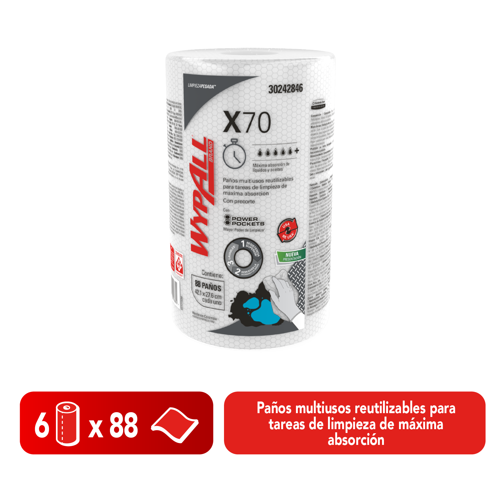 WypAll® Paños de limpieza X70 Rollo Regular con Power Pockets, 30242846, Paños de Limpieza, 6 rollos x 88 paños (528 en total) - S061491259
