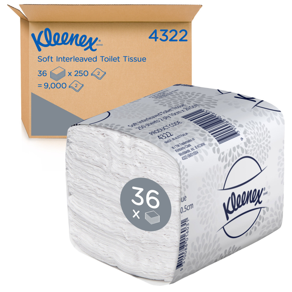 KLEENEX® Soft Interleaved Toilet Tissue (4322), 2 ply Toilet Paper, 36 Packs / Case, 250 Sheets / Pack (9,000 Sheets)  - 4322