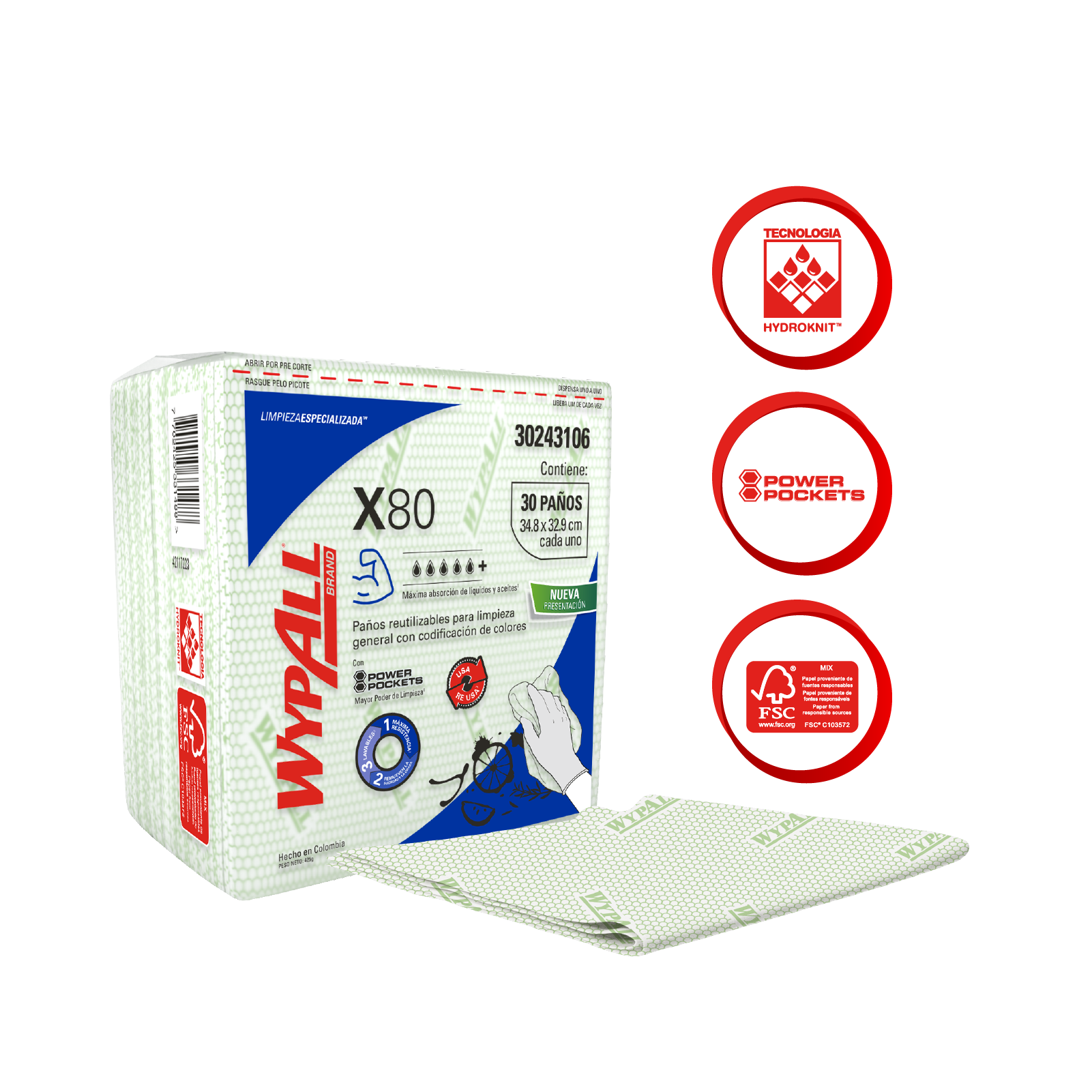 WypAll® X80 - Paños de limpieza. Color verde, doblados con Power Pockets,  30 paños, 10 paquetes/caja, 300 paños/caja, 30243106