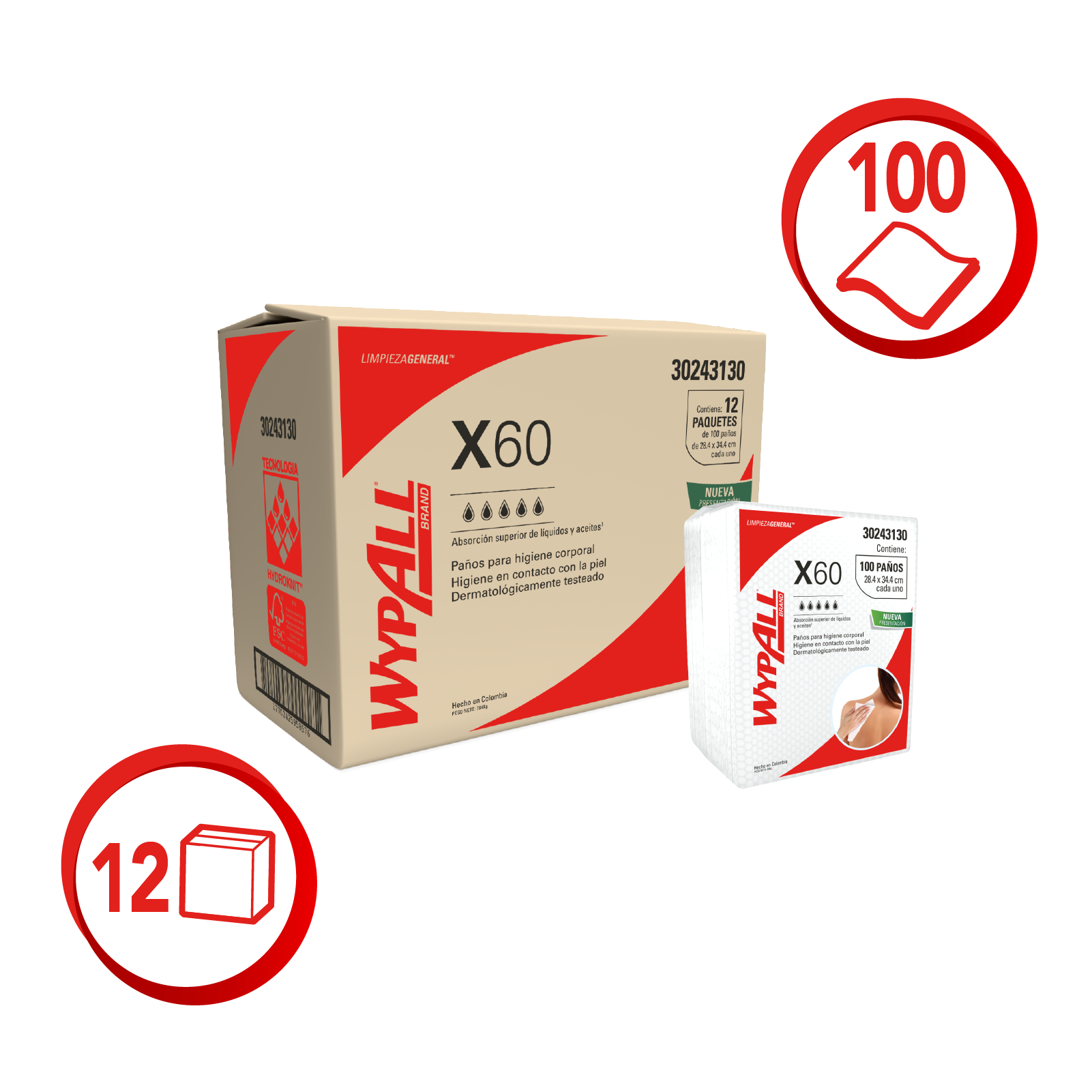 WypAll® Higiene Corporal X60 Paños Doblados, 30243130, Paños de Limpieza, 12 paquetes x 100 paños (1200 en total) - S061661605