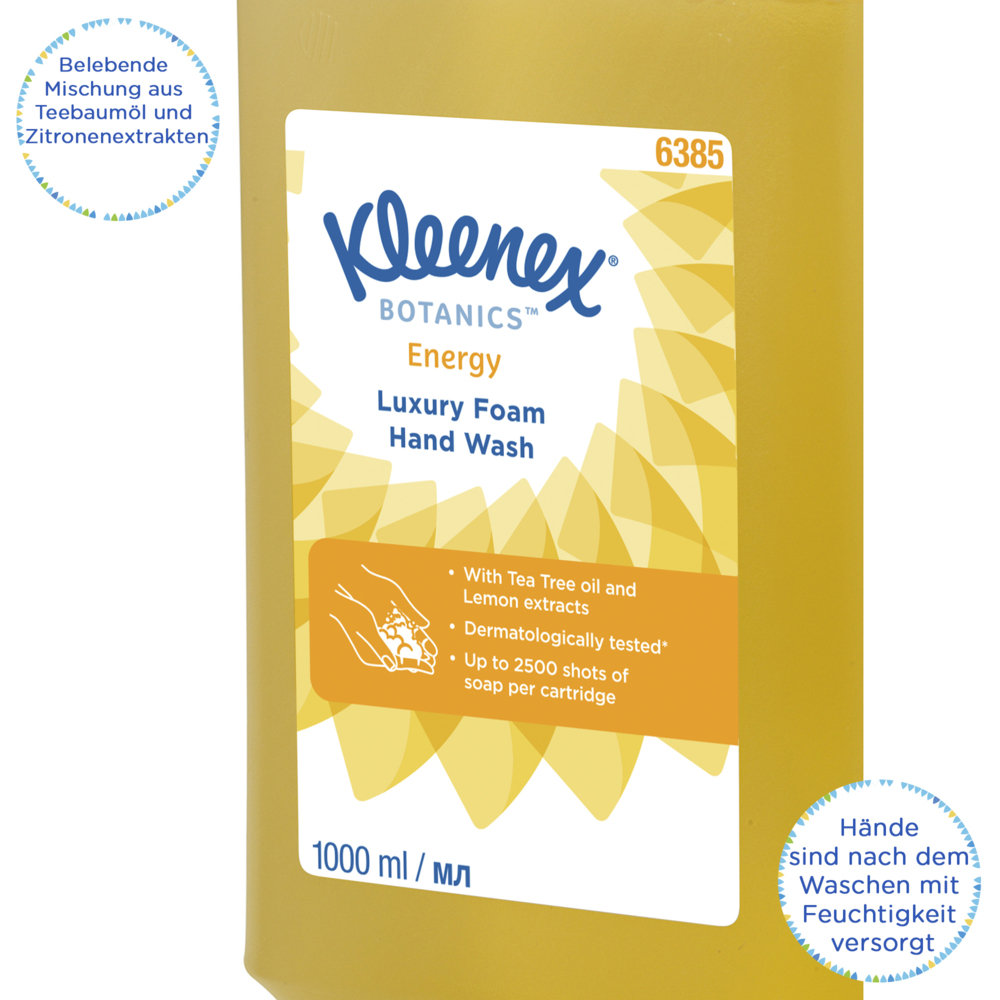 Savon mousse pour les mains Kleenex® Botanics™ Energy Luxury 6385 - Savon mousse parfumé pour les mains - 6 recharges x 1 litre de Savon mousse pour les mains, couleur jaune (6 litres au total) - 6385
