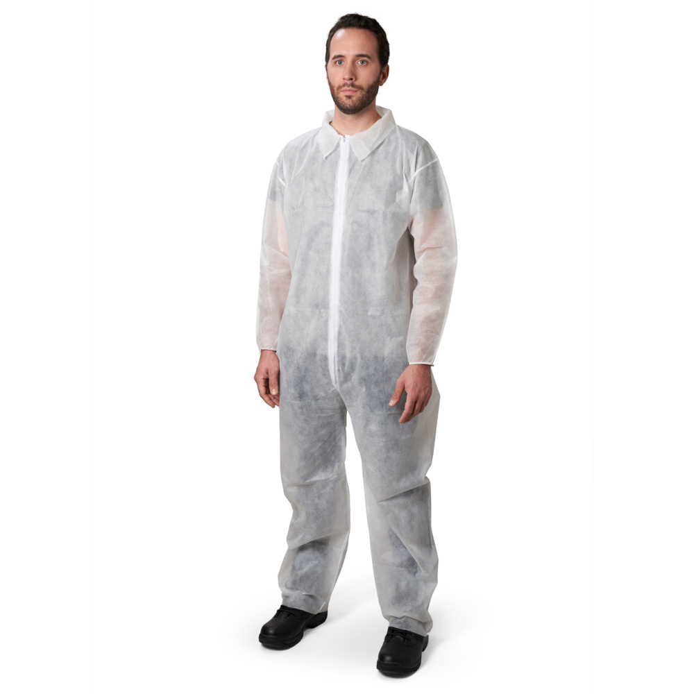 KleenGuard™ KGA10 Lightweight Coveralls for Non-Hazardous Particulate Protection (67303), Zipper Front, Elastic Wrists, Open Ankles, White, Large (Qty 50) - 67303