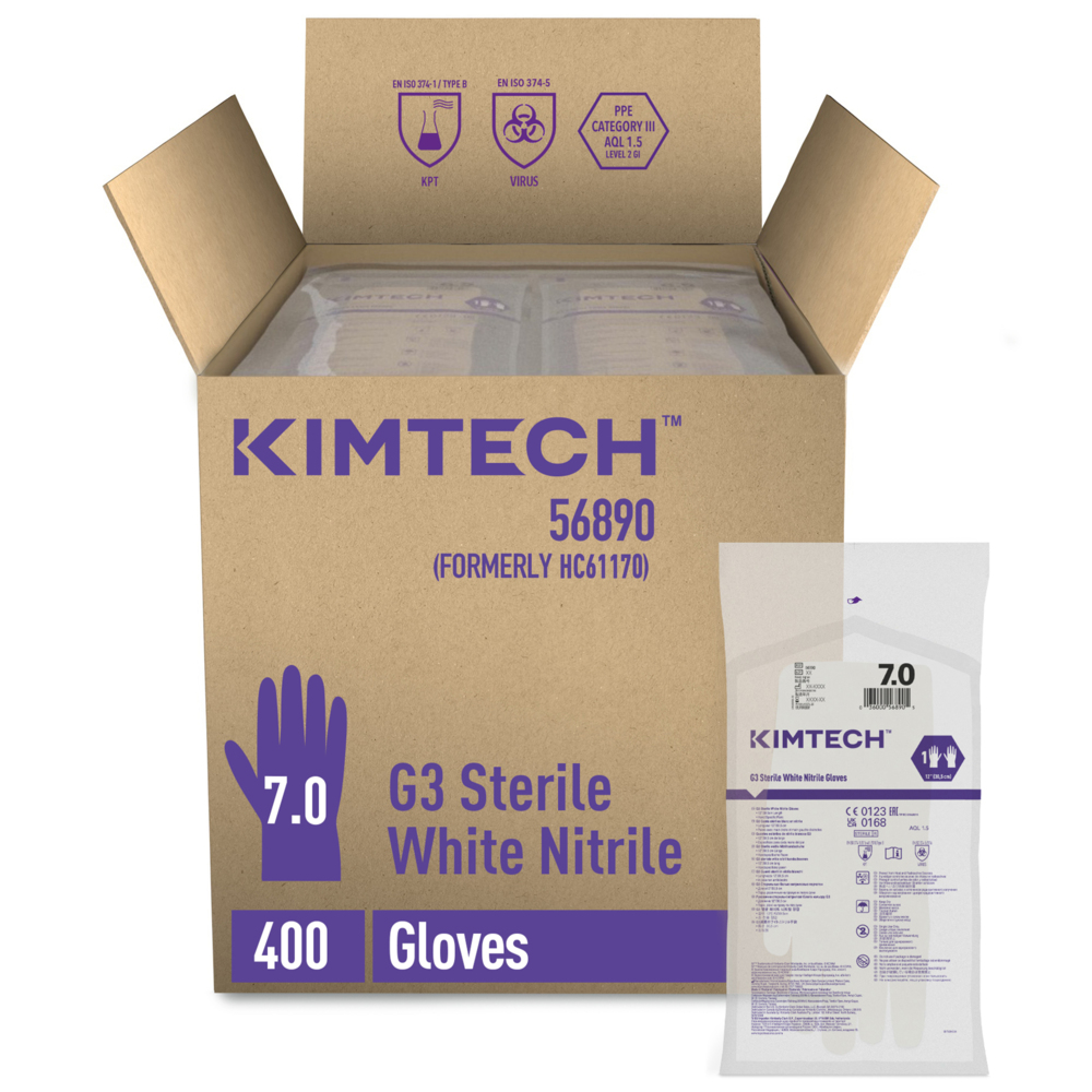 Gants de forme anatomique stériles en nitrile blanc Kimtech™ G3 56890 (anciennement HC61170) - Blanc, taille 7, 10 sachets de 20 paires (200 paires / 400 gants), longueur 30,5 cm - 56890