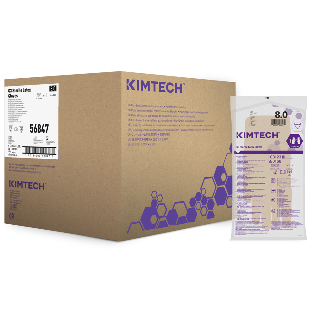 Kimtech™ G3 Sterile Latex Hand Specific Gloves 56847 (Formerly HC1380S) - Natural, Size 8, 10 bags x 20 pairs (200 pairs / 400 gloves), length 30.5 cm - 56847