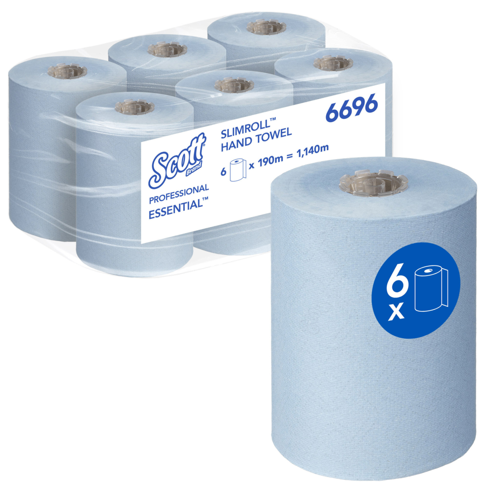 Secamanos en rollo Scott® Essential™ Slimroll™ 6696 - Papel secamanos azul  - 6 rollos de papel secamanos x 190 m (1140 m en total)