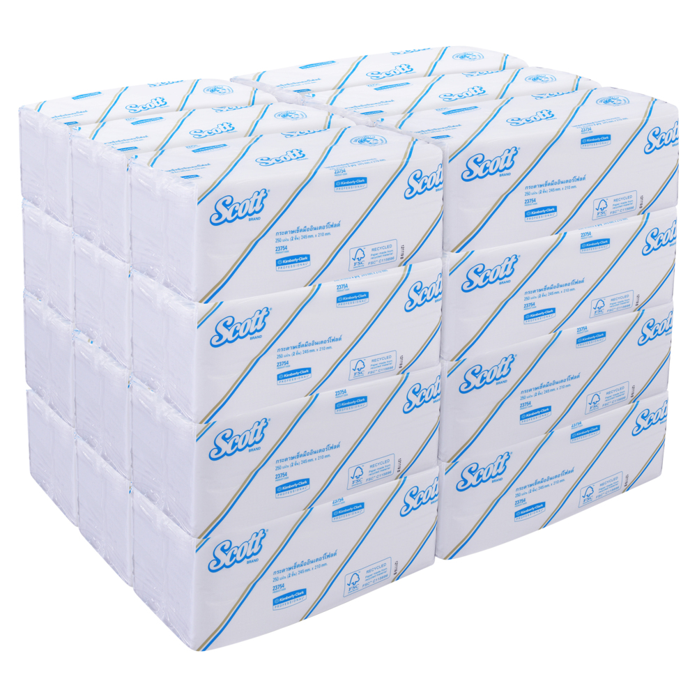 กระดาษเช็ดมือแบบพับครึ่ง Scott® (23754), สีขาว 2 ชั้น, 24 แพ็ค / กล่อง, 250 แผ่น / แพ็ค (รวม 6,000 แผ่น) - S050053899