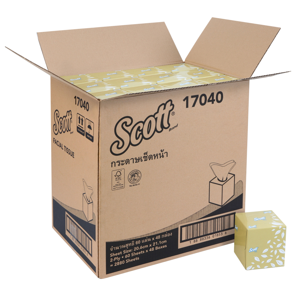 กระดาษทิชชู่เช็ดหน้ากล่องลูกบาศก์ Scott® (17040) สีขาว, 48 กล่อง / ลัง, 60 แผ่น / กล่อง (รวม 2880 แผ่น) - S050058768