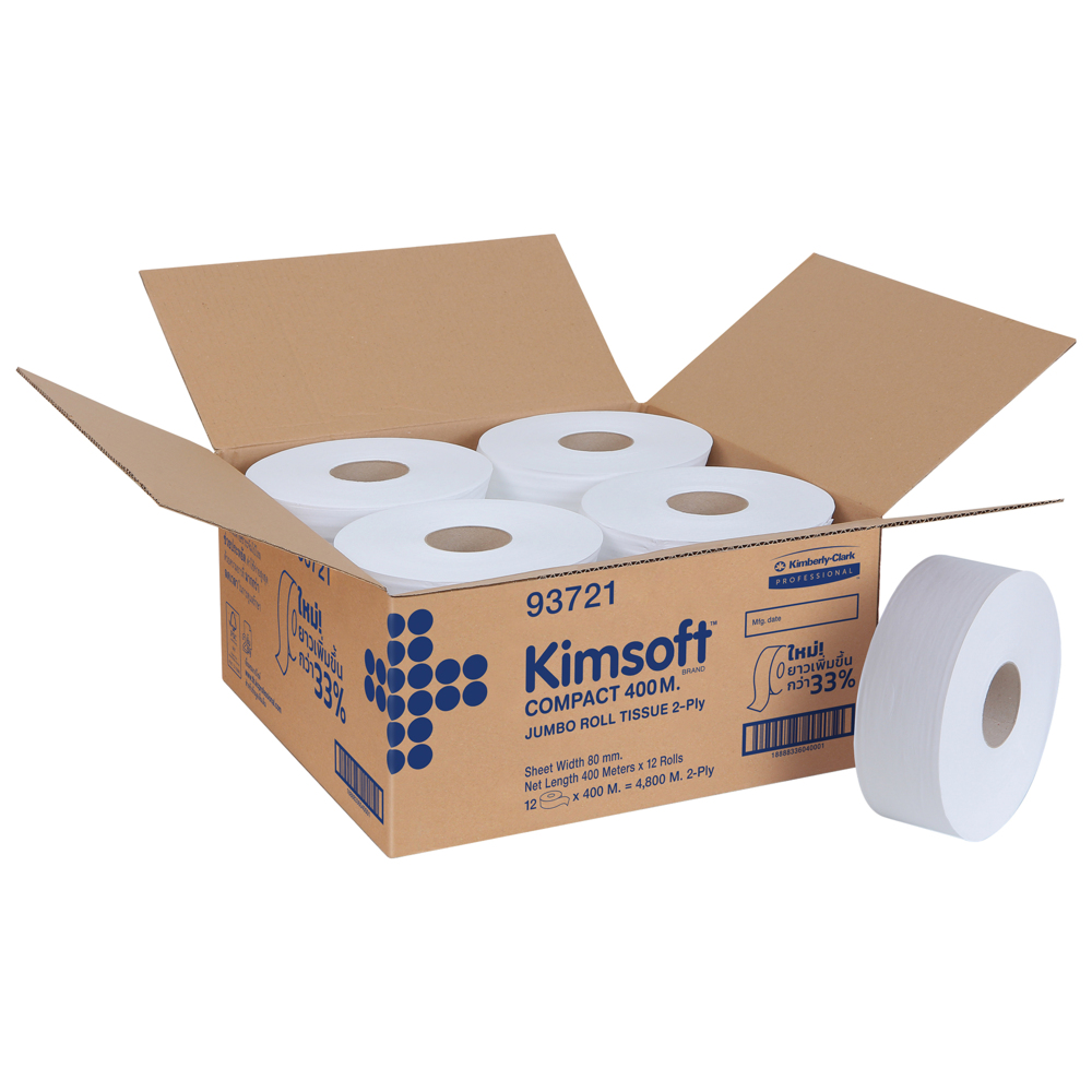 กระดาษชำระแบบม้วนใหญ่ JRT Kimsoft® COMPACT (93721), สีขาว 2 ชั้น, 12 ม้วน / ลัง, 400 เมตร / ม้วน (รวม 4,800 เมตร) - S061325126