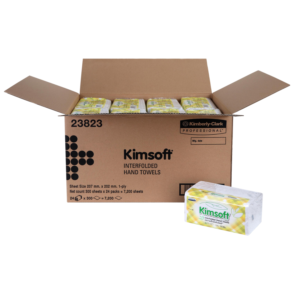 กระดาษเช็ดมือแบบพับครึ่ง Kimsoft® (23823), สีขาว 1 ชั้น, 24 แพ็ค / กล่อง, 300 แผ่น / แพ็ค (รวม 7,200 แผ่น) - 23823