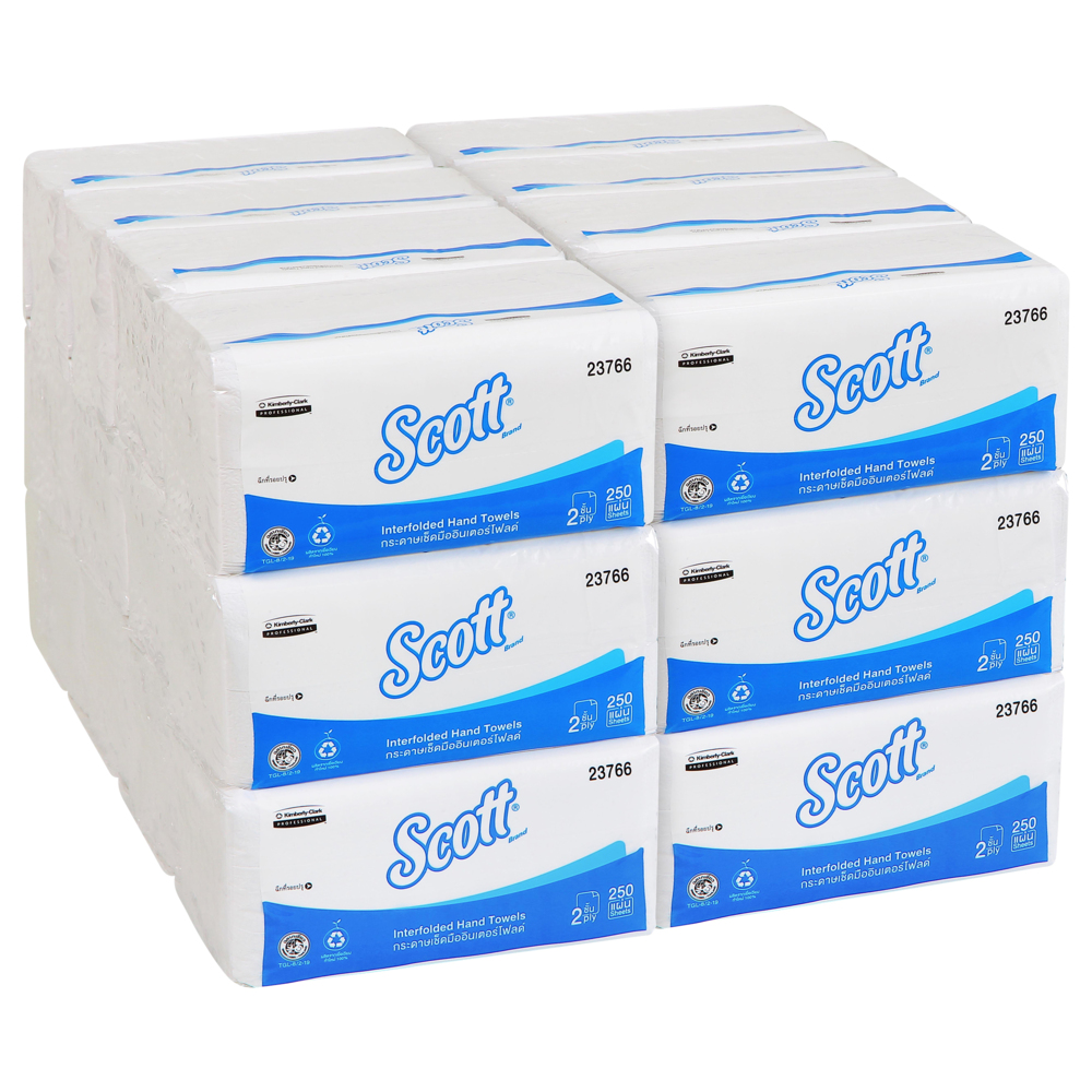 กระดาษเช็ดมือแบบพับครึ่ง Scott® (23766), สีขาว 2 ชั้น, 24 แพ็ค / กล่อง, 250 แผ่น / แพ็ค (รวม 6,000 แผ่น) - S060761003