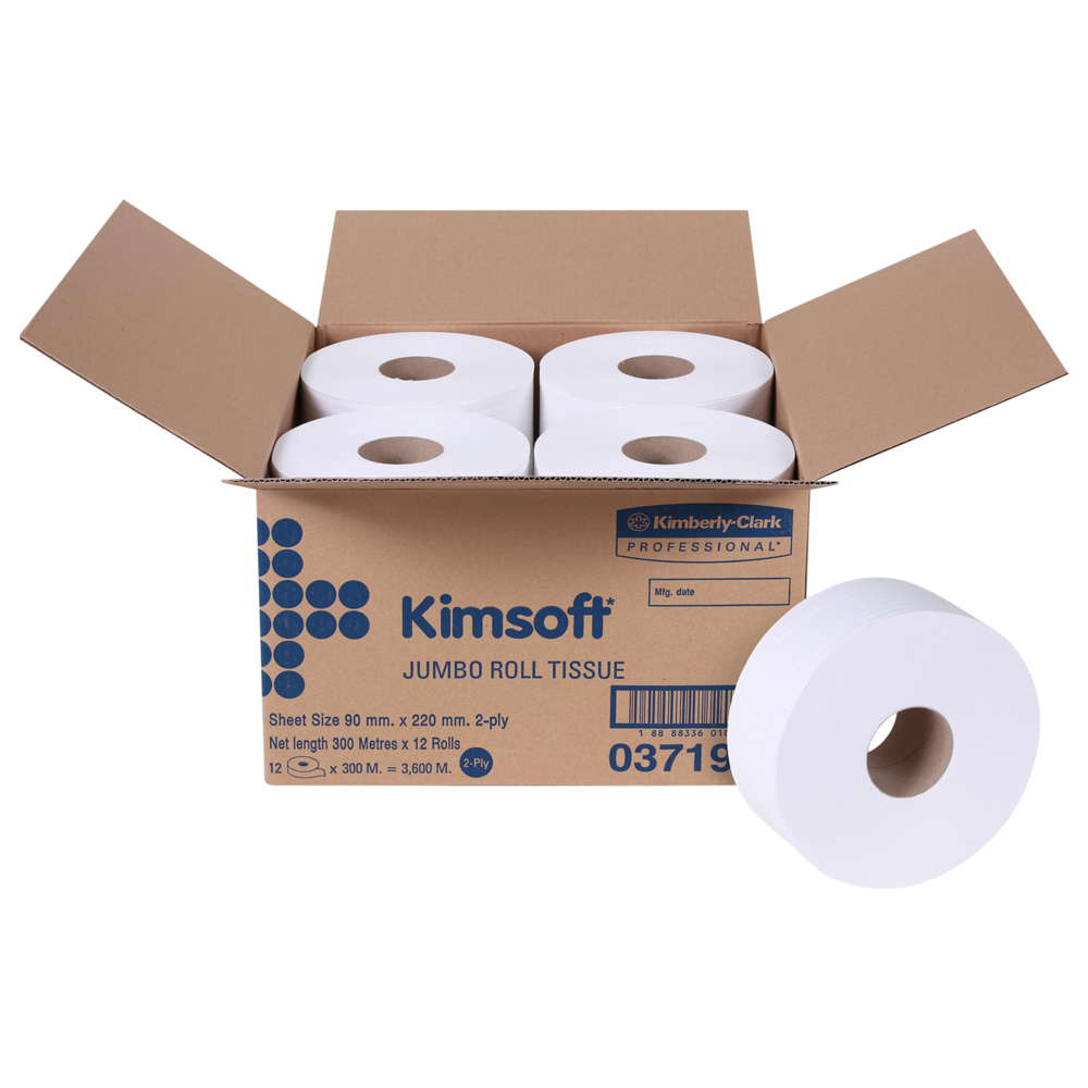 กระดาษชำระแบบม้วนใหญ่ JRT Kimsoft® (03719), สีขาว 2 ชั้น, 12 ม้วน / ลัง, 300 เมตร / ม้วน (รวม 3,600 เมตร) - 03719