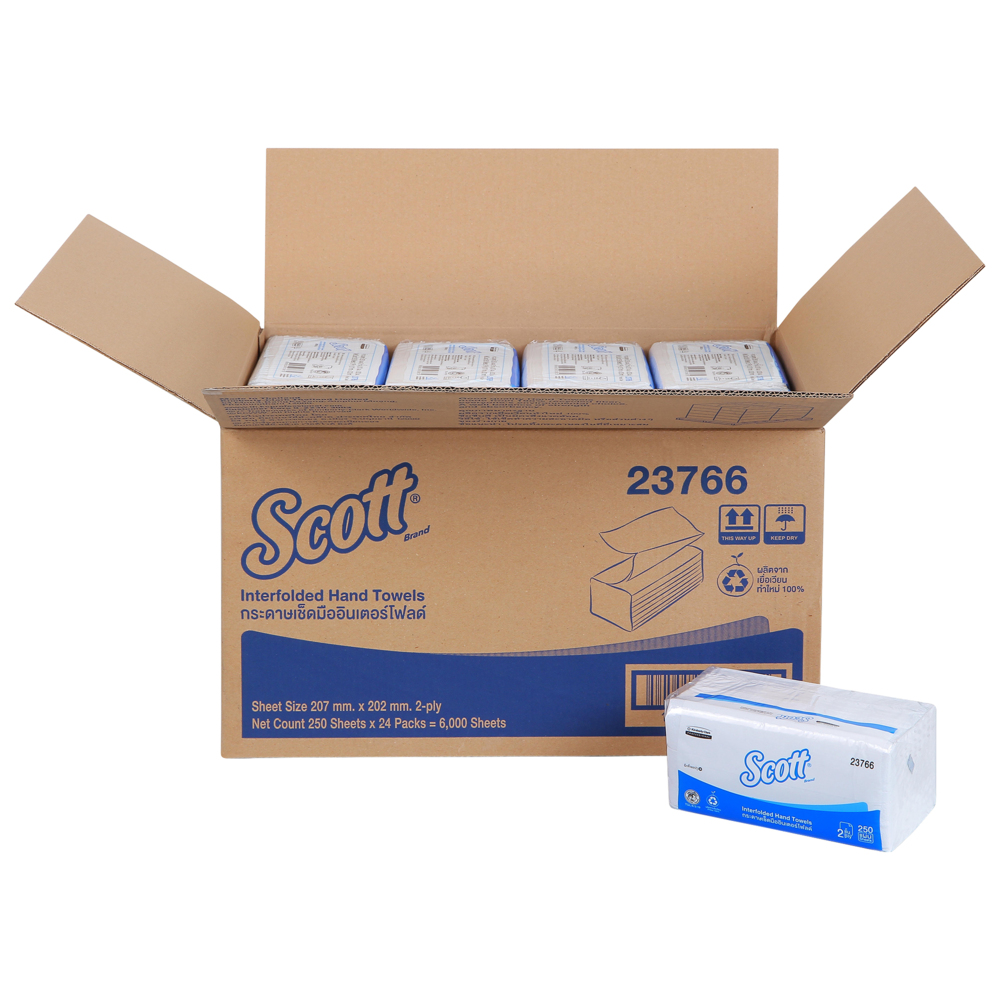 กระดาษเช็ดมือแบบพับครึ่ง Scott® (23766), สีขาว 2 ชั้น, 24 แพ็ค / กล่อง, 250 แผ่น / แพ็ค (รวม 6,000 แผ่น) - 23766