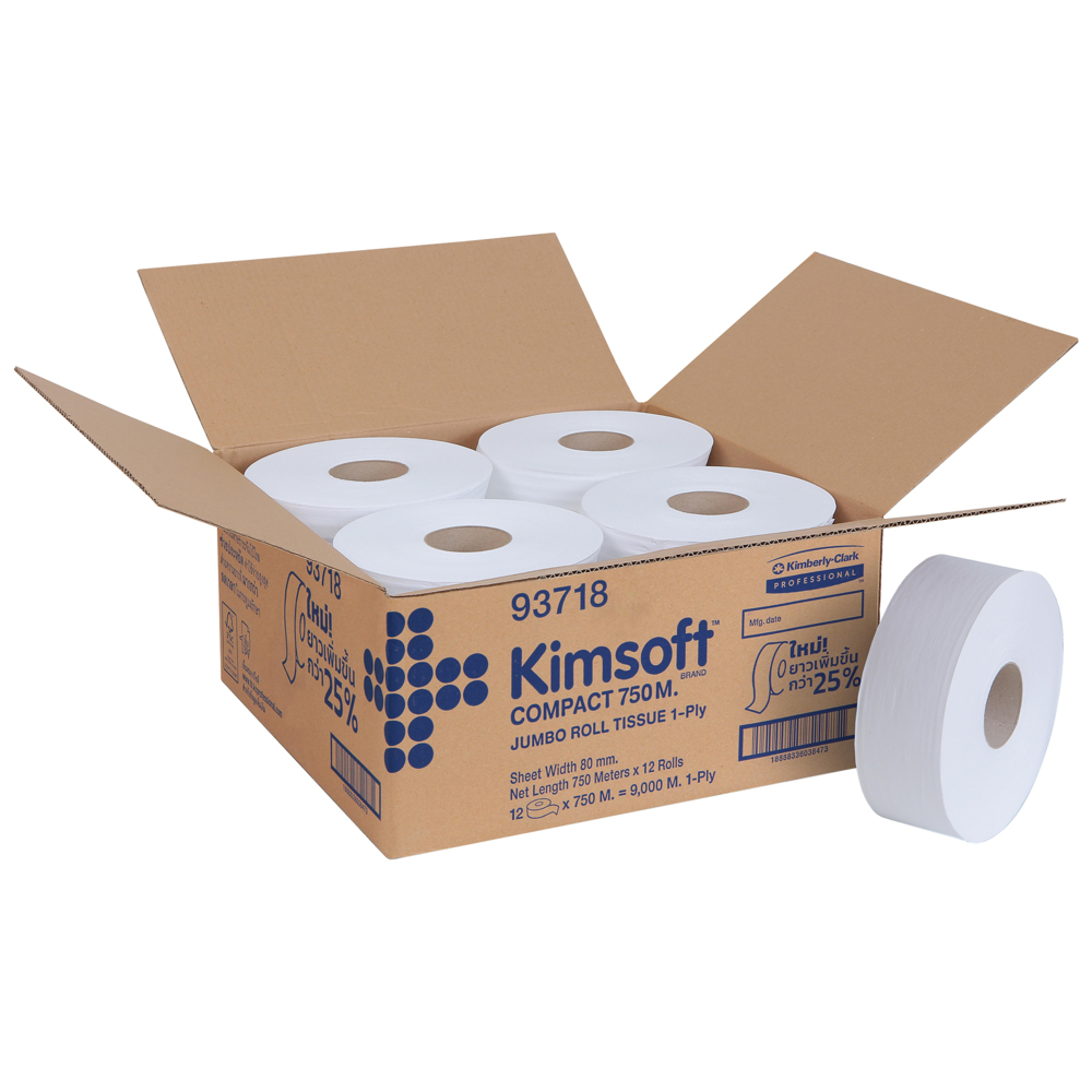 กระดาษชำระแบบม้วนใหญ่ JRT Kimsoft® COMPACT (93718), สีขาว 1 ชั้น, 12 ม้วน / ลัง, 750 เมตร / ม้วน (รวม 9,000 เมตร) - S060770007